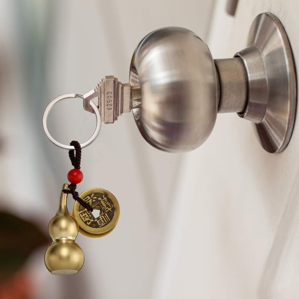 2 Pieces Chinese Coins Feng Shui and Brass Wu Lou Health Amulet Gourd Keychain C - Picture 2 of 7